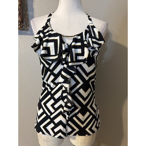 WHBM Top Medium M Stretch Black Blue Yellow White Ruffle Sleeveless Washable NEW - Picture 3 of 7